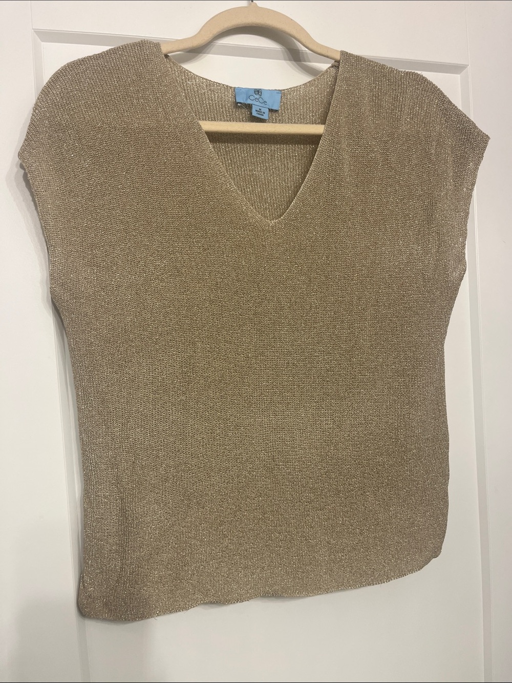 CeCe Shimmer Knit V-Neck Shell in Gold-Tone